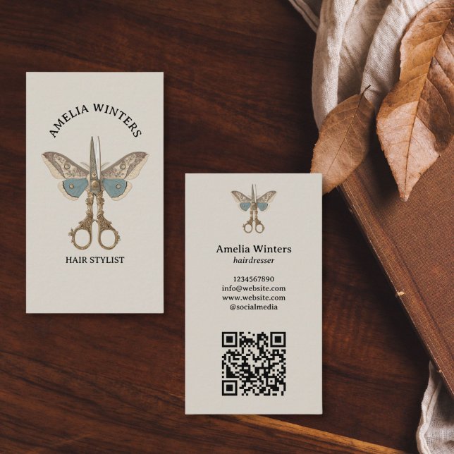 Elegant Goth Vintage Hair Stylist Scissors  Business Card (top view of the vintage ornate hair scissors with moth wings on both side)