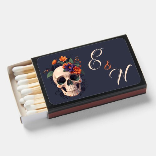 Elegant Gothic 3D Floral Skull Monogram Wedding  Matchboxes
