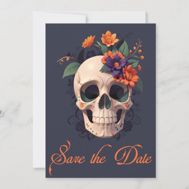 Elegant Gothic 3D Floral Skull Save the Date  Invitation (Front)