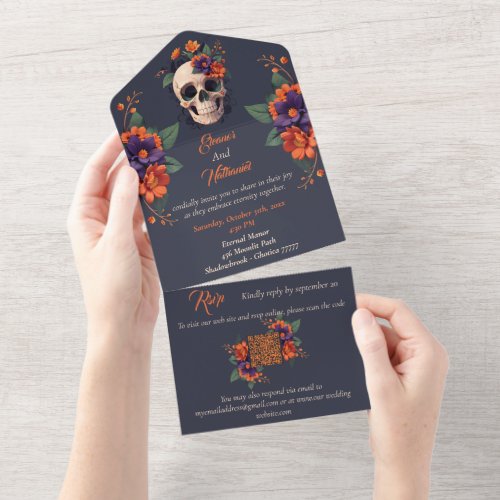 Elegant Gothic 3D Floral Skull wedding All In One Invitation