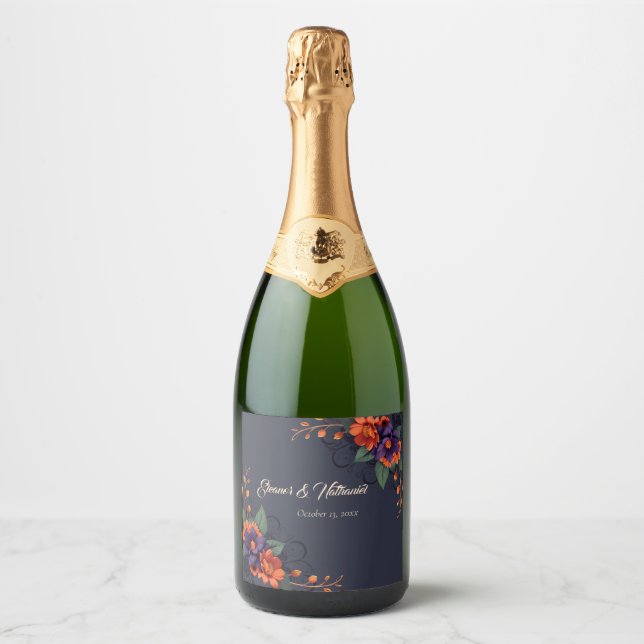 Elegant Gothic 3D Floral Traditional Wedding Sparkling Wine Label (Front)