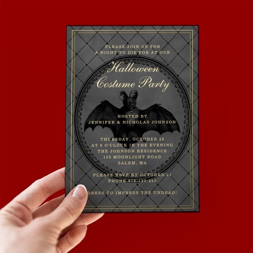 Elegant Gothic Bat Halloween Costume Party Gold Foil Invitation