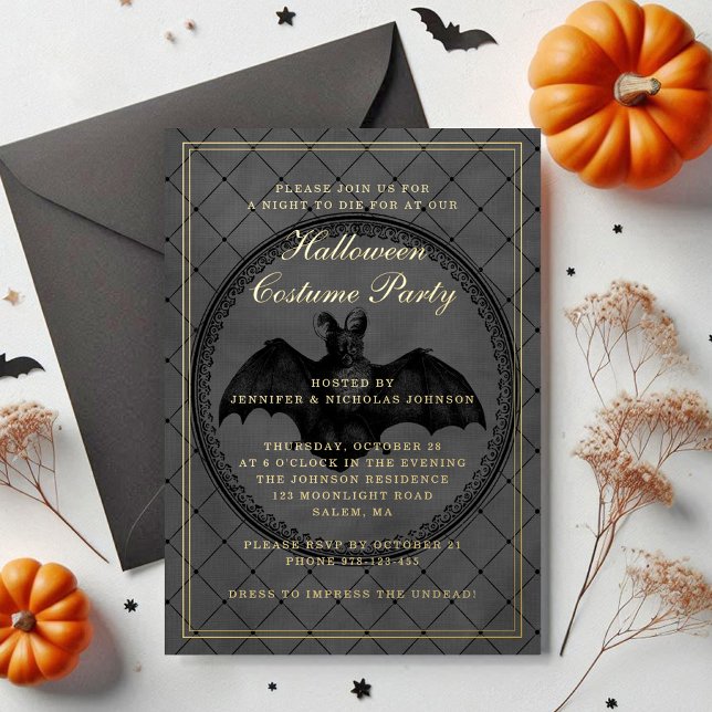 Elegant Gothic Bat Halloween Costume Party Gold Foil Invitation (Elegant Gothic Bat Halloween Costume Party Gold Foil Invitation)
