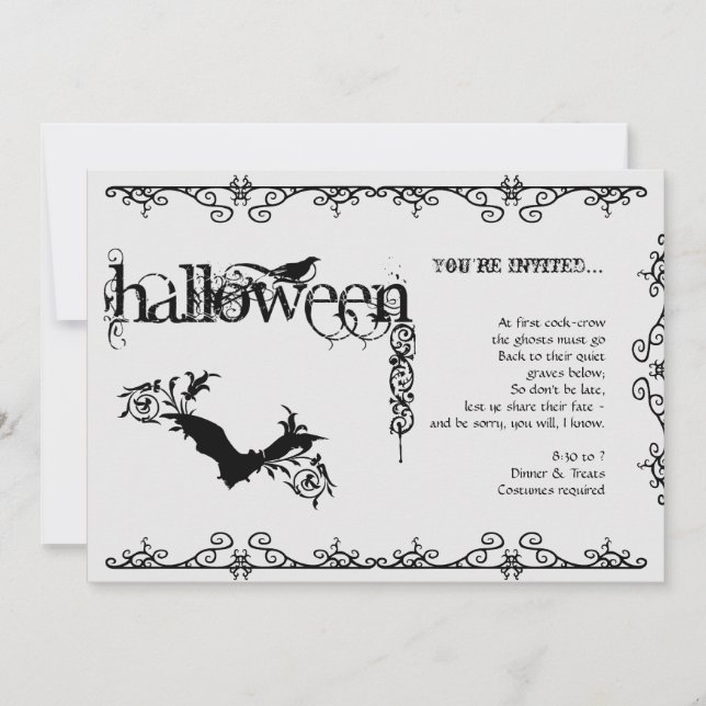 Elegant Gothic Black and White Halloween Party Invitation (Front)