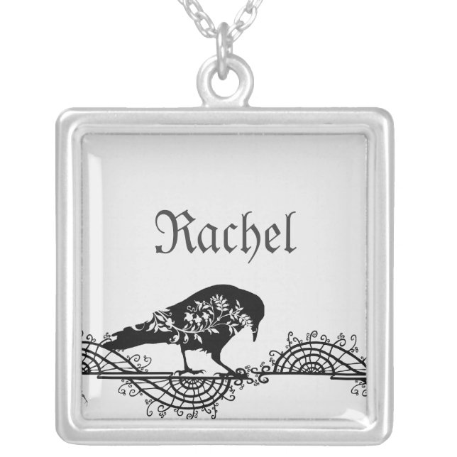Elegant Gothic Black and White Raven Silver Plated Necklace (Front)