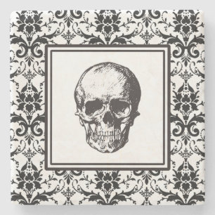 Elegant Gothic Black And White Skull Damask  Stone Coaster
