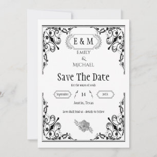 Elegant Gothic Black and White Wedding Monogram  Save The Date
