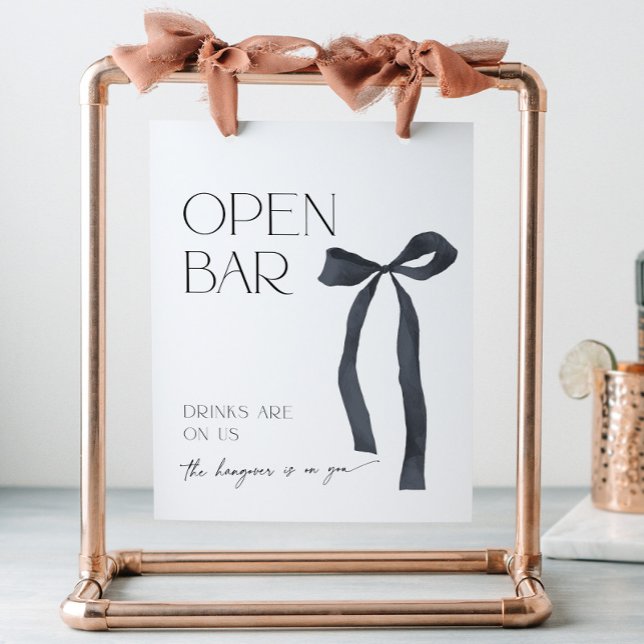 Elegant Gothic Black Bow Open Bar Cocktails Pedestal Sign (Elegant Open Bar sign with coquette black bow for a shes tying the knot themed bridal shower)
