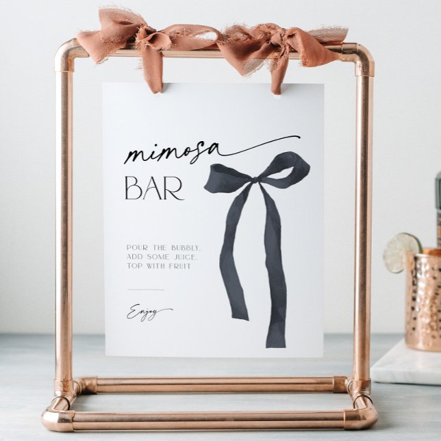 Elegant Gothic Black Bow Tying the Knot Mimosa Bar Pedestal Sign (Mimosa bar sign with elegant black bow for a gothic "she's tying the knot" themed bridal shower)