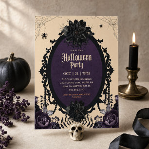 Elegant Gothic Black Floral Adult Halloween Party Invitation