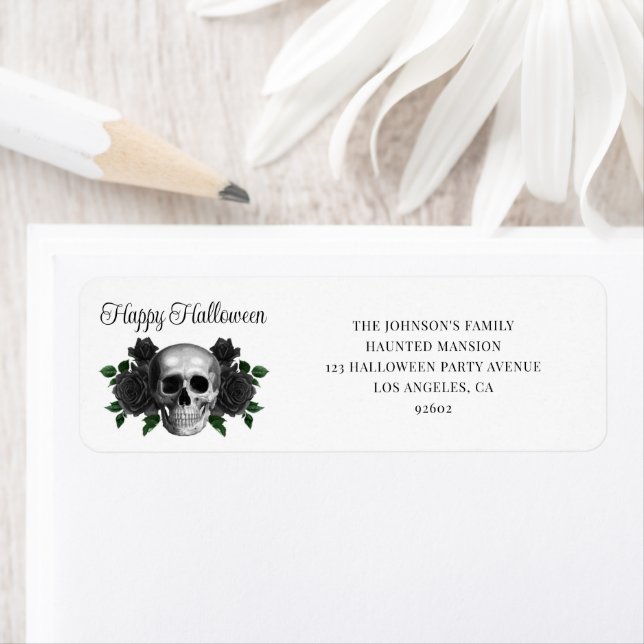 Elegant Gothic Black Floral Skull Halloween Label (Insitu)