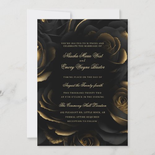 Elegant Gothic Black  Gold Roses Wedding Invitation