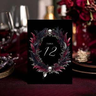 Elegant Gothic Black Red Feather Wreath Wedding Table Number