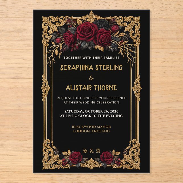 Elegant Gothic Black Rose Gold Wedding Invitation (Front)