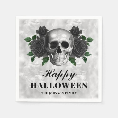 Elegant Gothic Black Roses  Skull Happy Halloween Napkins
