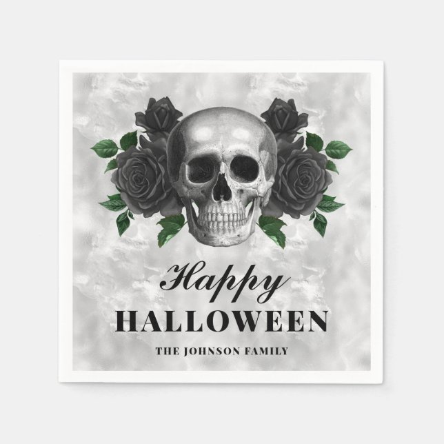 Elegant Gothic Black Roses & Skull Happy Halloween Napkins (Front)