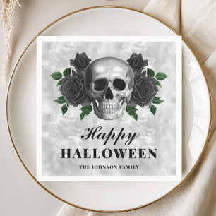 Elegant Gothic Black Roses & Skull Happy Halloween Napkins