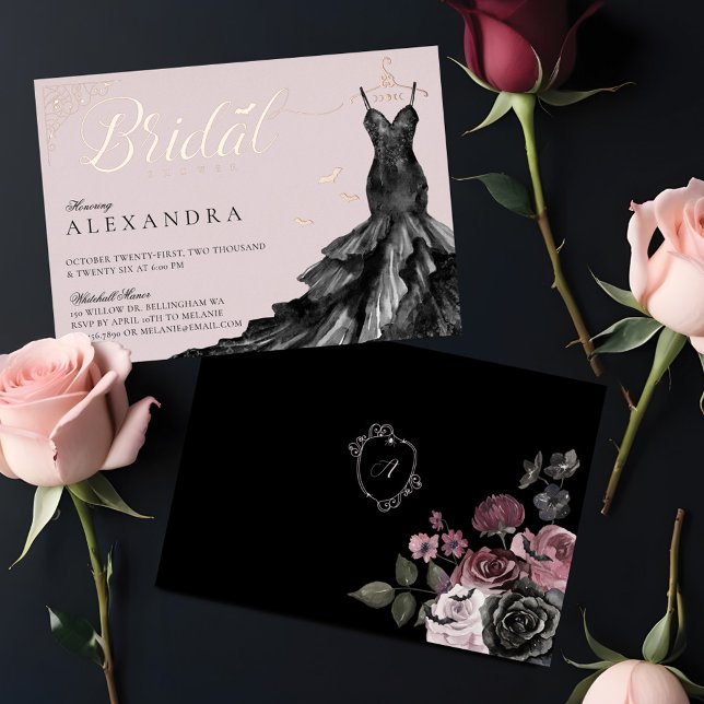 Elegant Gothic Black Wedding Dress Bridal Shower Foil Invitation (Elegant Gothic Black Wedding Dress Bridal Shower Foil Invitation)