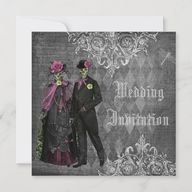Elegant Gothic Bride & Groom Skeletons Wedding Invitation (Front)