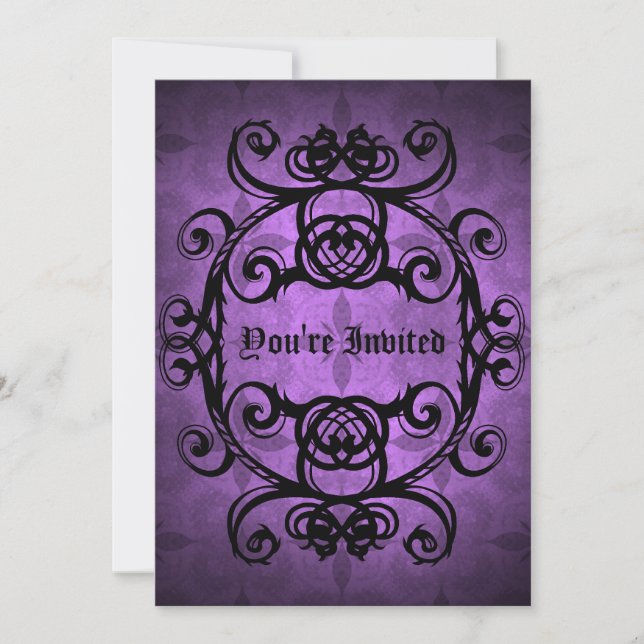 Elegant gothic damask purple and black party invitation (Front)