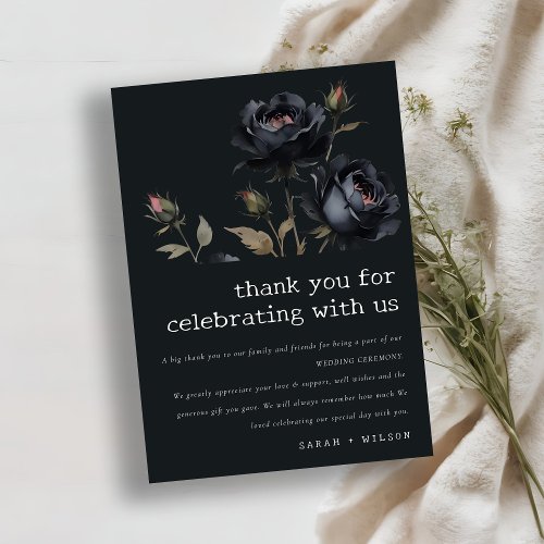 Elegant Gothic Dark Watercolor Black Rose Wedding Thank You Card