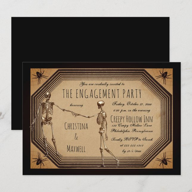 Elegant Gothic Deco Skeletons Engagement Party Inv Invitation (Front/Back)