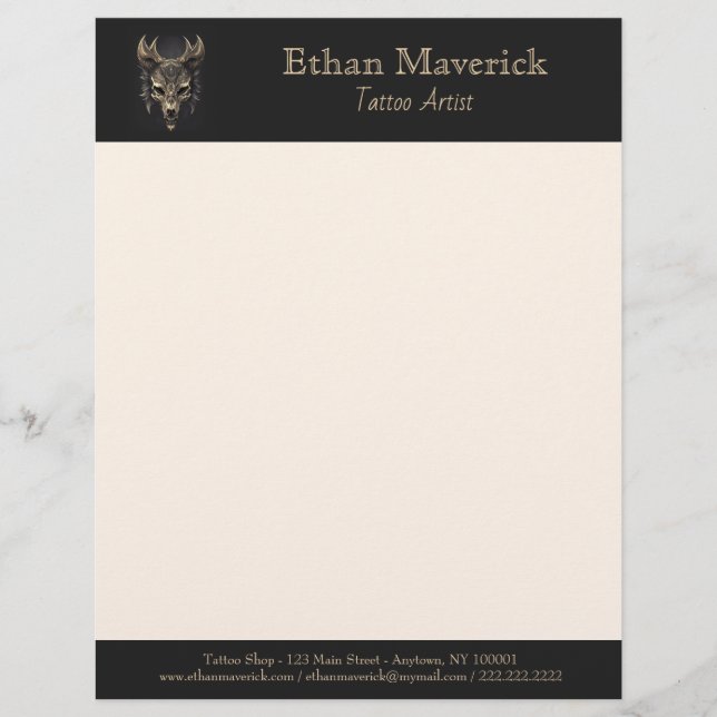 Elegant Gothic Fantasy Wolf Skull Black and Gold Letterhead (Front)