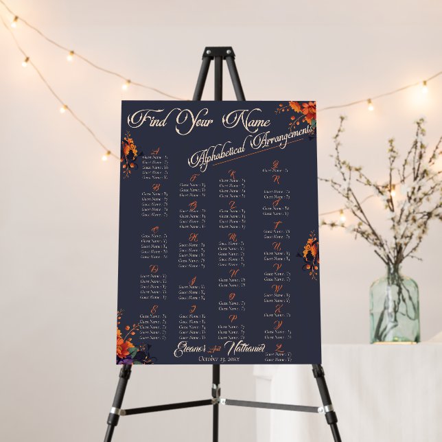 Elegant Gothic Floral Alphabetical Seating Chart  Foam Board (In Situ (Stand))