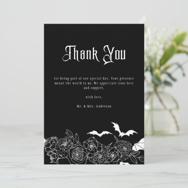 Elegant Gothic Floral Black Wedding Photo Thank You Card (Standing Front)
