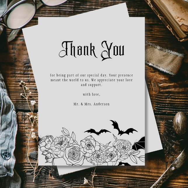 Elegant Gothic Floral Gray Wedding Photo Thank You Card (Creator Uploaded)