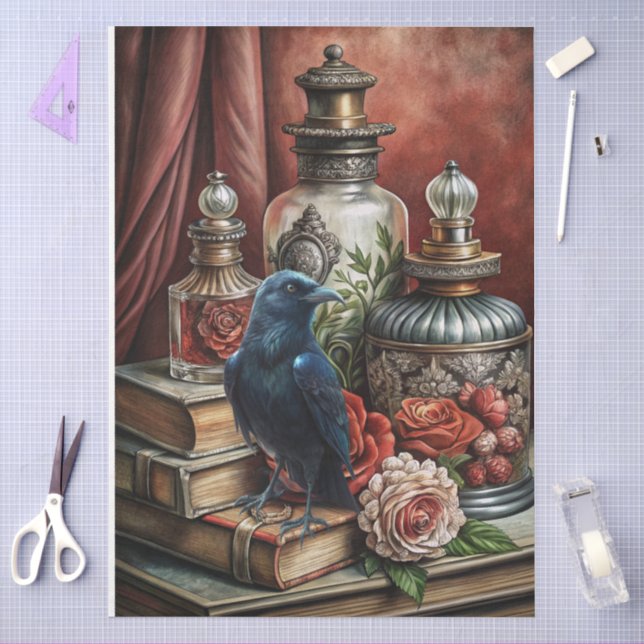  Elegant Gothic Floral & Raven Furniture Decoupage Tissue Paper (Craft)
