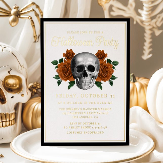 Elegant Gothic Floral Skull Halloween Gold Foil Invitation (Elegant Gothic Floral Skull Halloween Gold Foil Invitation)