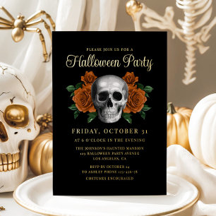 Elegant Gothic Floral Skull Halloween Gold Foil Invitation