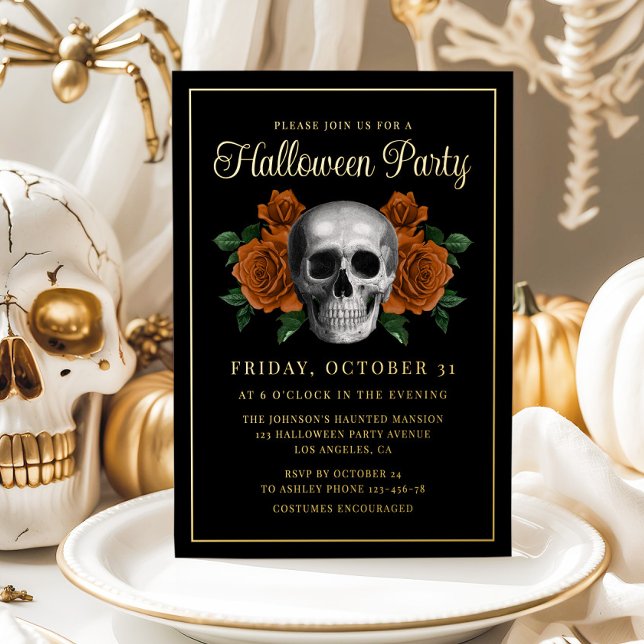 Elegant Gothic Floral Skull Halloween Gold Foil Invitation (Elegant Gothic Floral Skull Halloween Gold Foil Invitation)