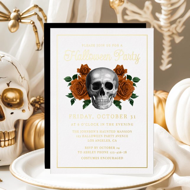Elegant Gothic Floral Skull Halloween Gold Foil Invitation (Elegant Gothic Floral Skull Halloween Gold Foil Invitation)