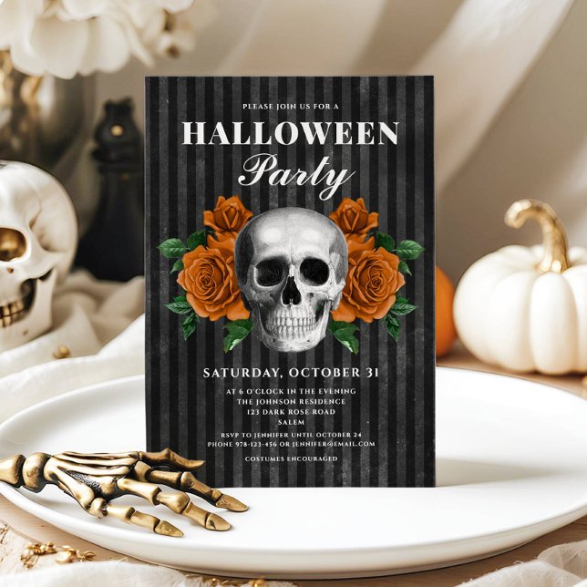 Elegant Gothic Floral Skull Halloween  Invitation (Elegant Gothic Roses & Skull Halloween Party Invitation)
