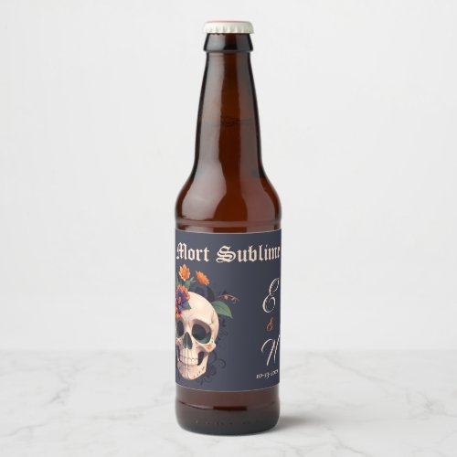 Elegant Gothic Floral Skull Monogram Wedding beer  Beer Bottle Label