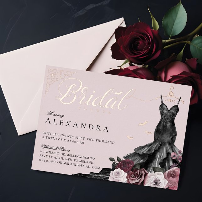 Elegant Gothic Floral Wedding Dress Bridal Shower Foil Invitation (Elegant Gothic Floral Wedding Dress Bridal Shower Foil Invitation)
