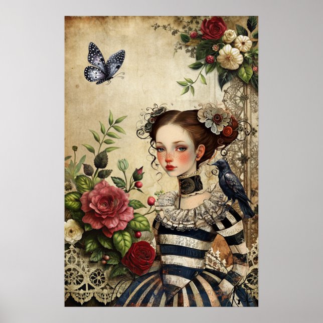 Elegant Gothic Girl & Raven In Rose Garden Poster (Front)