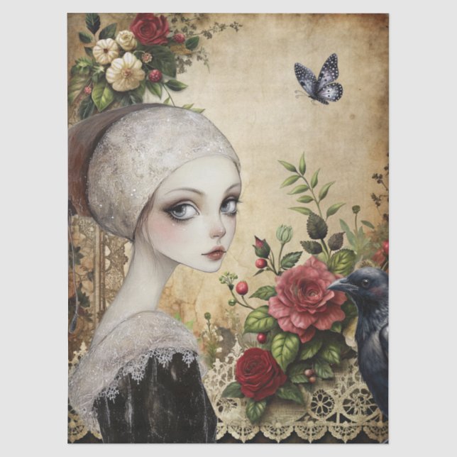 Elegant Gothic Girl & Raven In Rose Garden  Tissue Paper (Front)