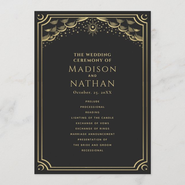 Elegant Gothic Gold Tarot Wedding Program (Front)