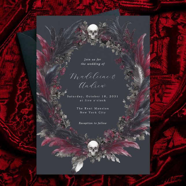 Elegant Gothic Gray Red Feather Wreath Wedding Invitation (Creator Uploaded)