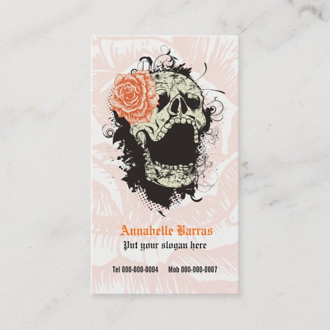 Elegant gothic grunge skull & orange rose custom business card (Front)