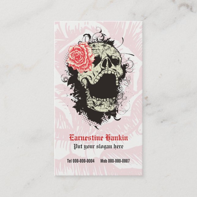 Elegant gothic grunge skull & red rose custom business card (Front)