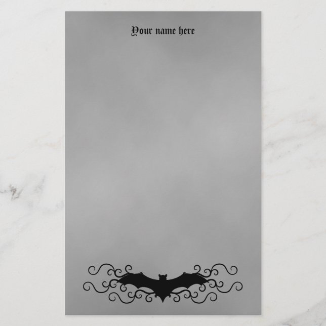 Elegant Gothic Halloween bat and swirls on gray Stationery (Front)