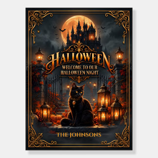 Elegant Gothic Halloween Black Cat Welcome Sign