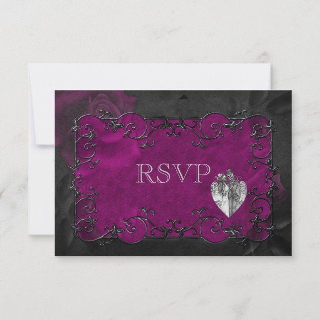 Elegant gothic halloween purple Wedding RSVP Card (Back)