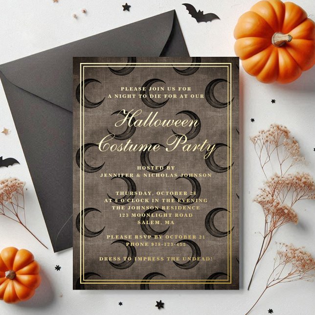 Elegant Gothic Moon Halloween Costume Party Gold Foil Invitation (Elegant Gothic Moon Halloween Costume Party Gold Foil Invitation)
