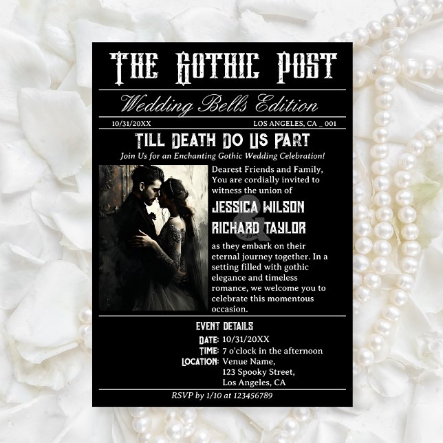Elegant Gothic Newspaper Photo Black Wedding Invitation (Creator Uploaded)