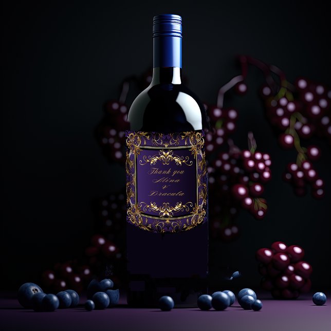Elegant Gothic Purple and Gold Wedding  Wine Label (Creator Uploaded)